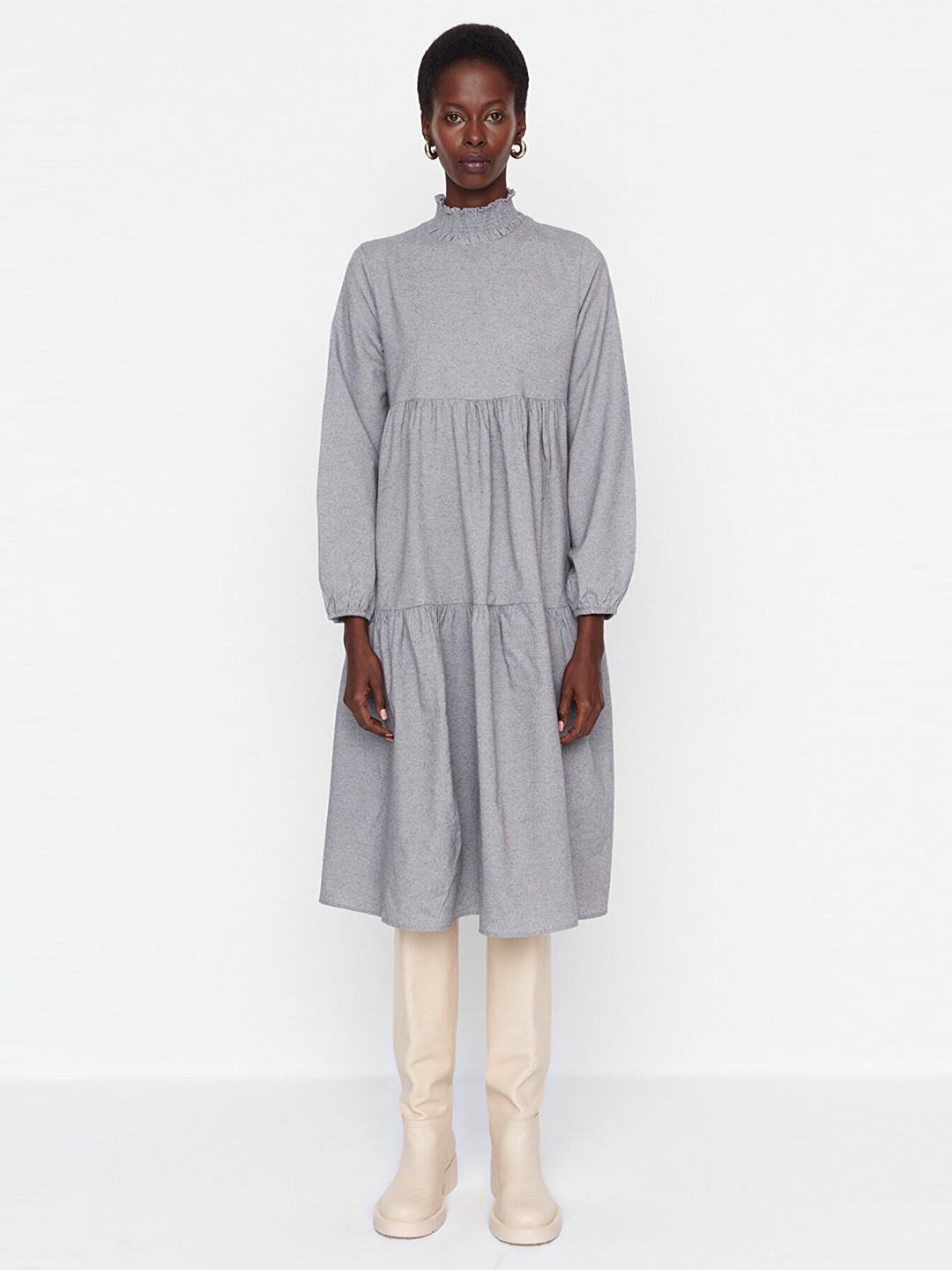 

Trendyol Women Grey Solid Cotton A-Line Midi Dress