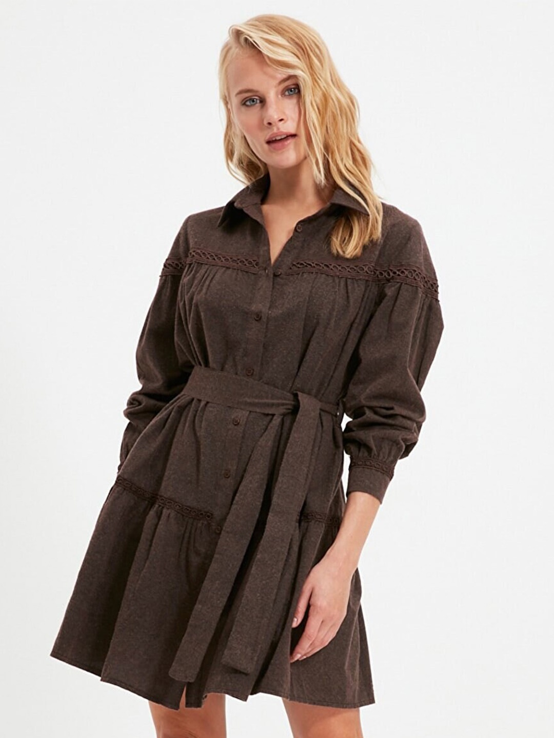 

Trendyol Women Brown Belted Shirt Dress