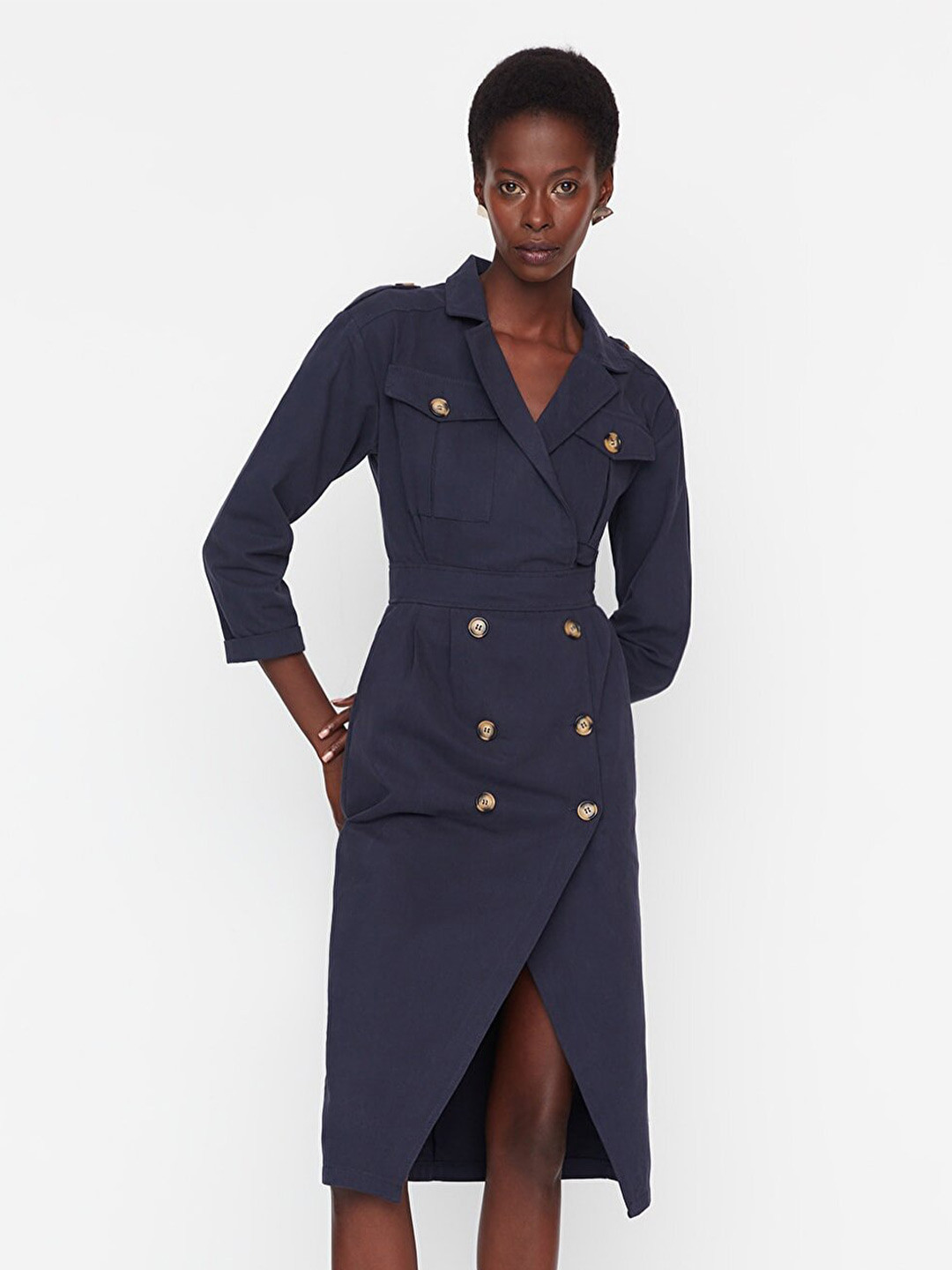 

Trendyol Women Navy Blue Solid Cotton Wrap Dress