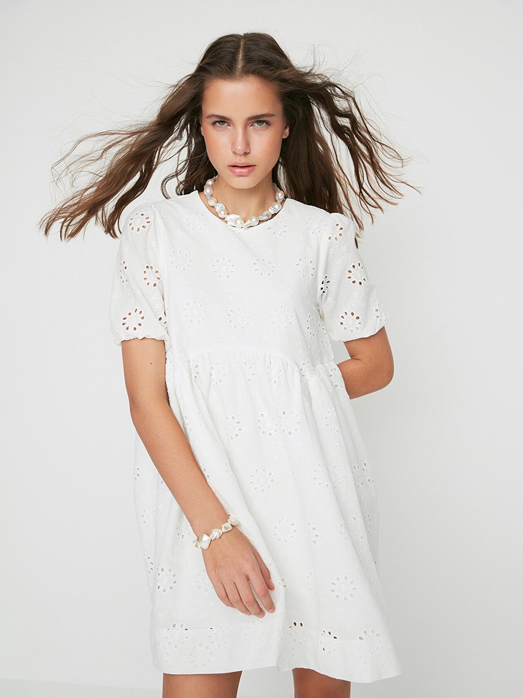 

Trendyol Women Off White Self Design Cotton Fit and Flare Dress