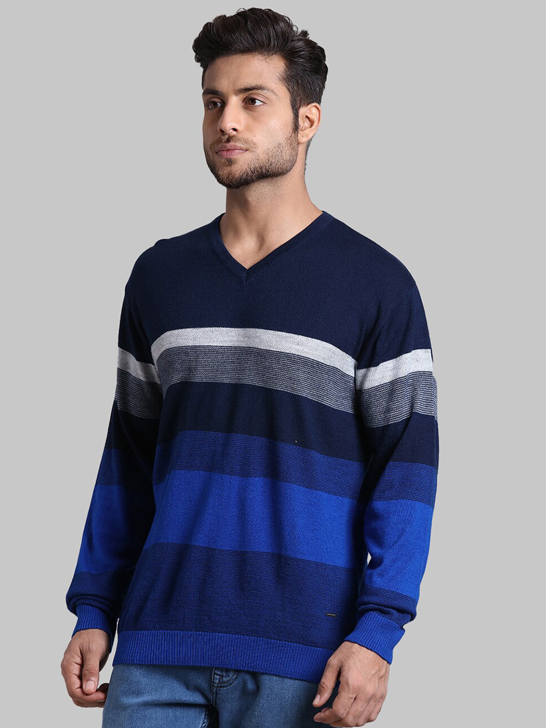 

Park Avenue Men Blue & Navy Blue Striped Acrylic Pullover Sweater