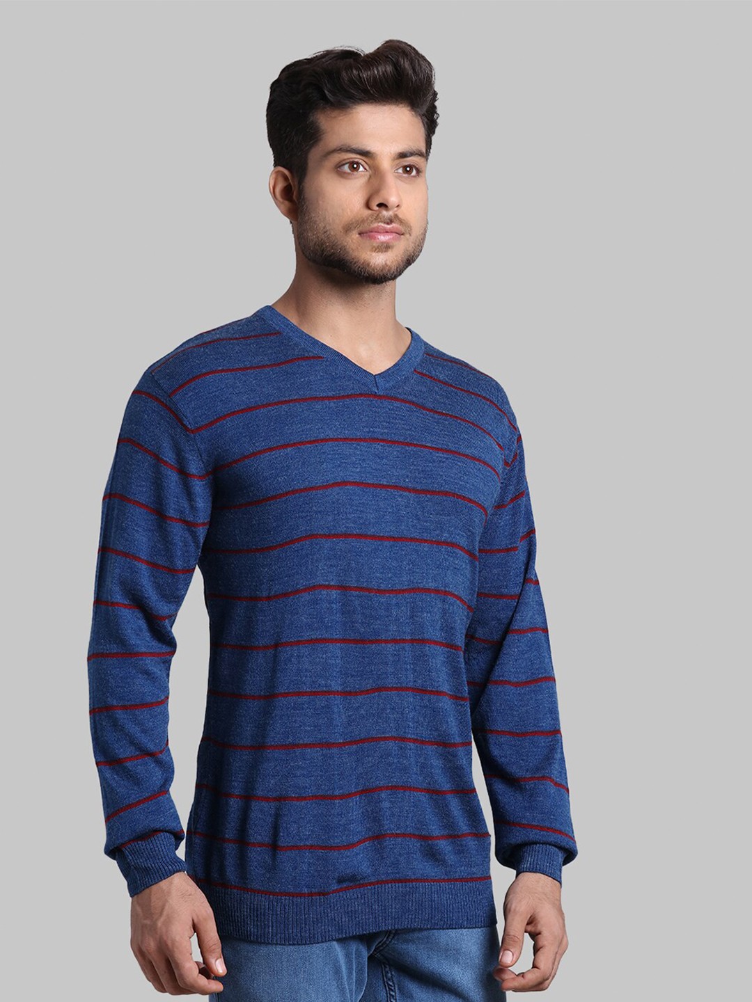 

Park Avenue Men Blue & Maroon Striped Pullover