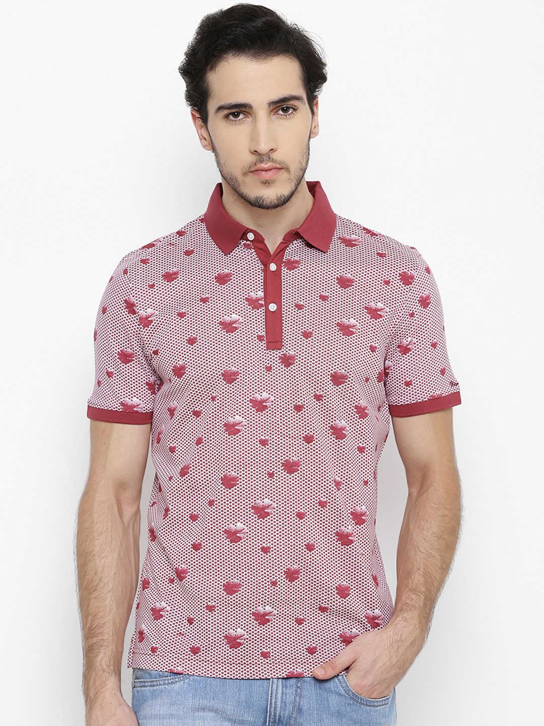 

Blackberrys Men Maroon Floral Print Polo Collar T-shirt
