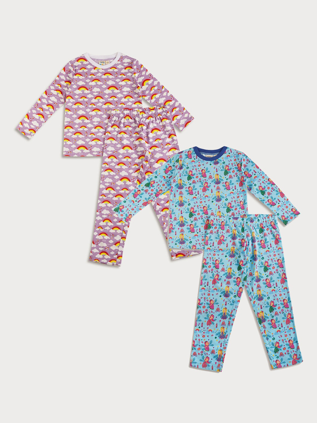 

frangipani Girls Pack of 2 Blue & Purple Conversational Printed Pure Cotton Night suit