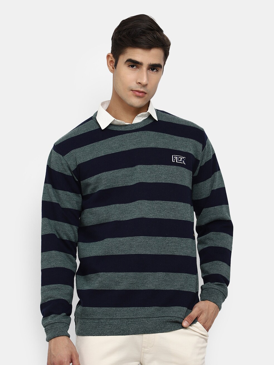 

V-Mart Men Green Striped Sweatshirt