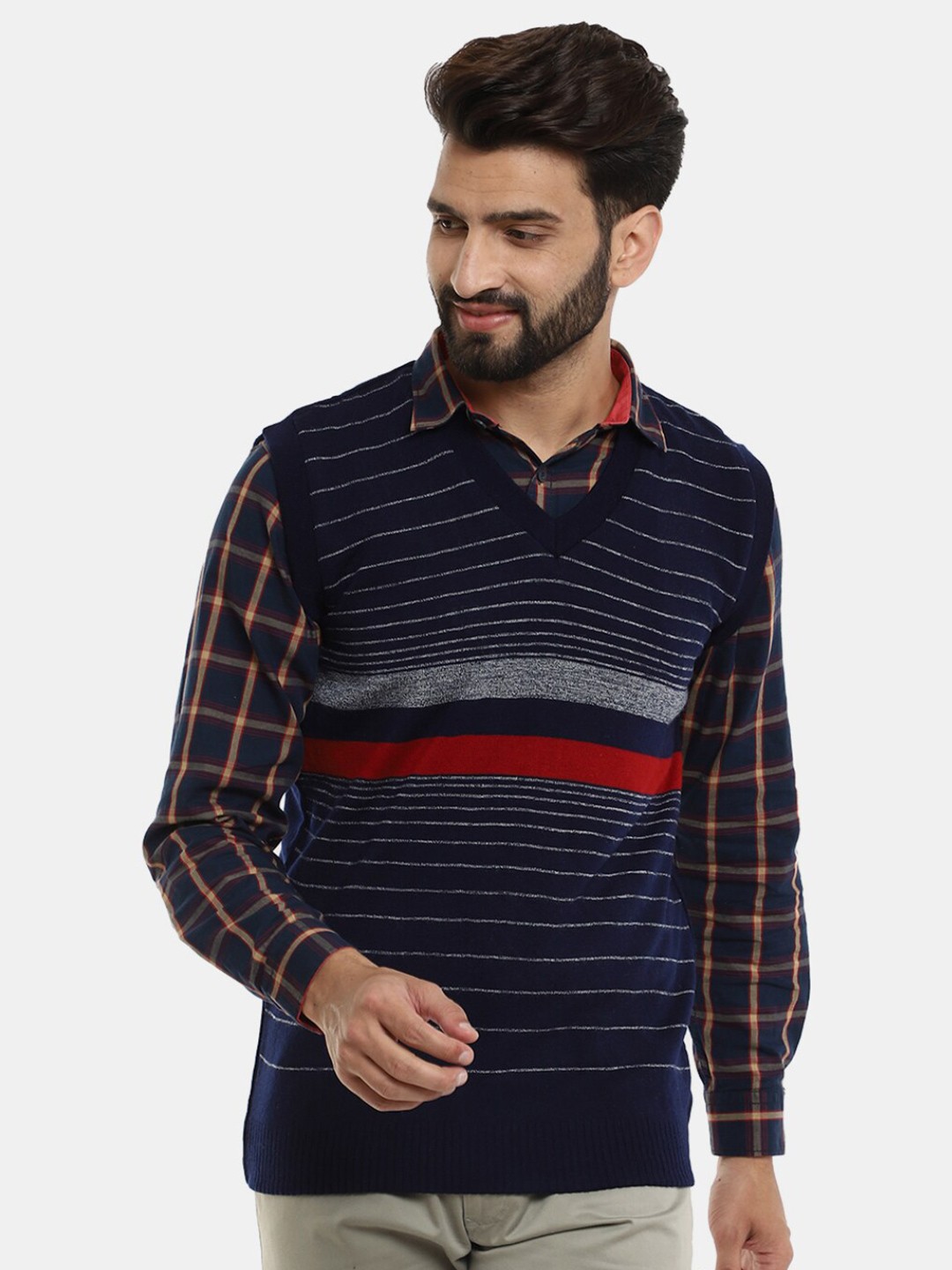 

V-Mart Men Navy Blue Striped Cotton Sweater Vest