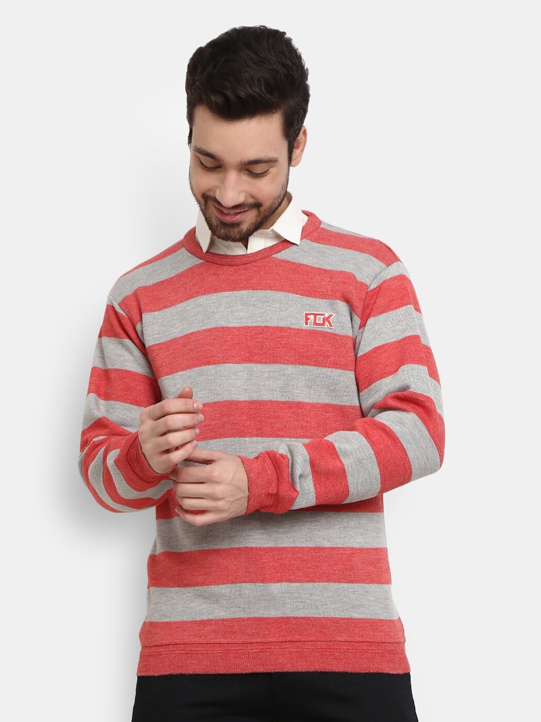 

V-Mart Men Red Striped Sweatshirt