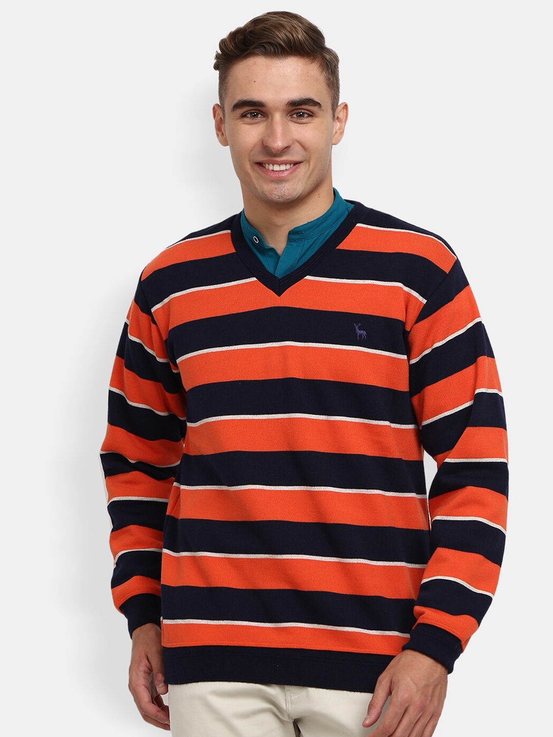

V-Mart Men Orange Striped Sweatshirt