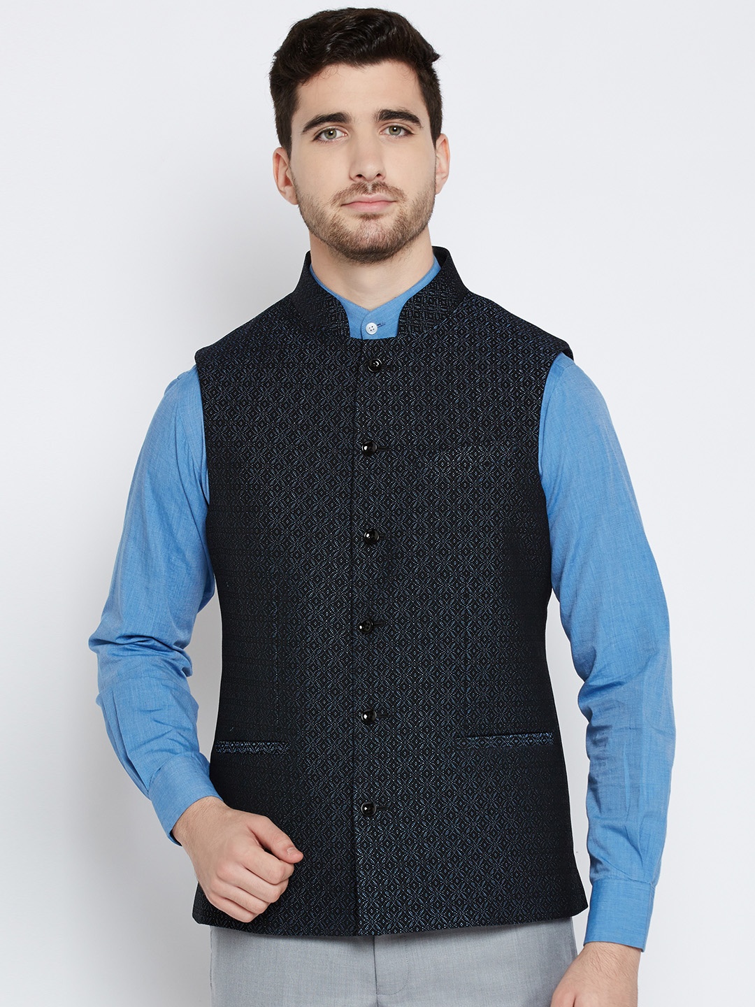 

Blackberrys Black & Blue Patterned Slim Fit Nehru Jacket