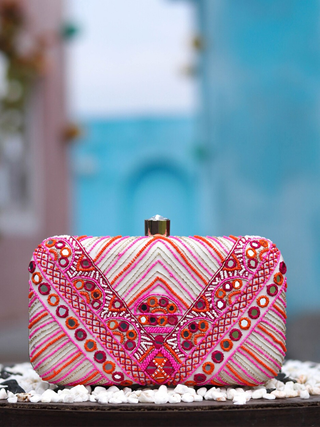 

NR By Nidhi Rathi Off White & Red Embroidered Box Clutch