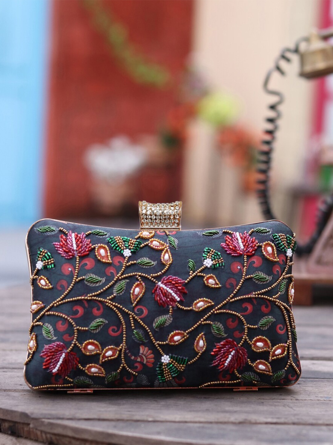 

NR By Nidhi Rathi Black & Red Embellished Box Clutch
