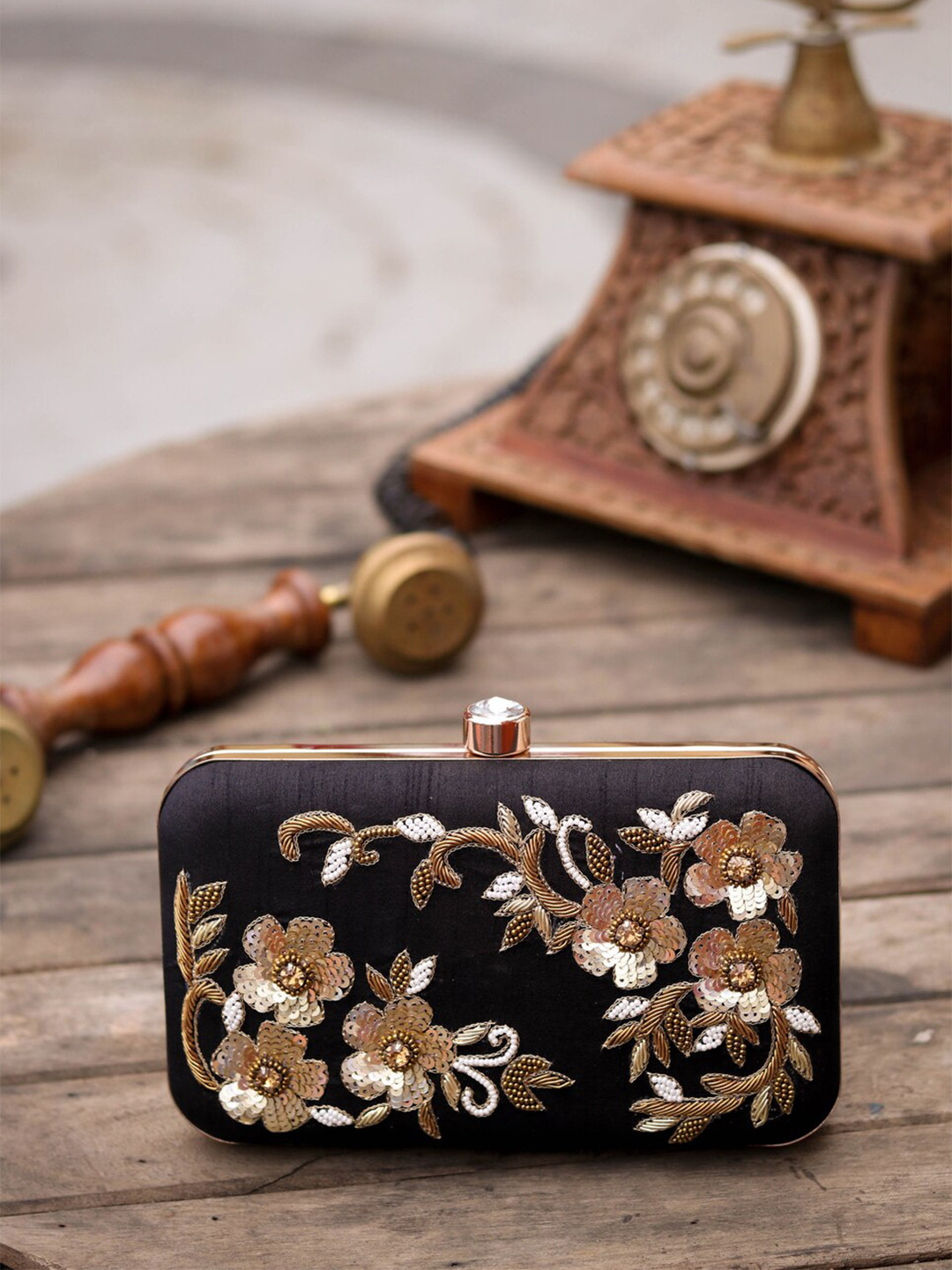 

NR By Nidhi Rathi Black & Gold-Toned Embroidered Box Clutch