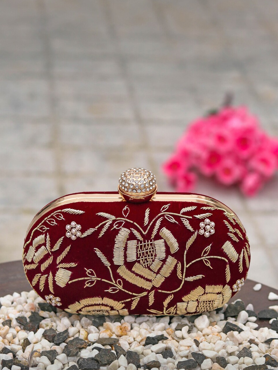

NR By Nidhi Rathi Maroon & Gold-Toned Embroidered Box Clutch