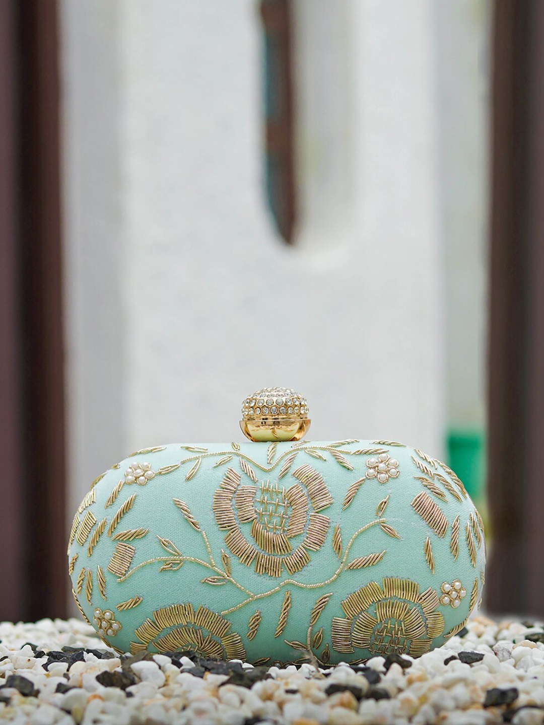 

NR By Nidhi Rathi Blue & Gold-Toned Embroidered Box Clutch