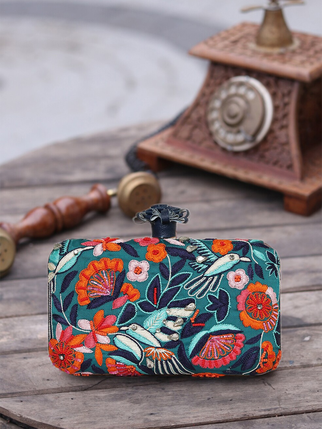

NR By Nidhi Rathi Women Turquoise Blue & Red Embroidered Box Clutch