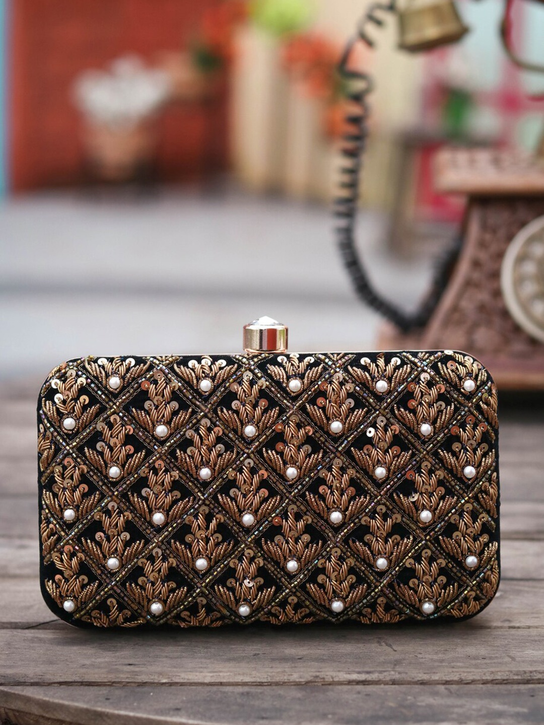 

NR By Nidhi Rathi Women Black & Gold Embroidered Box Clutch