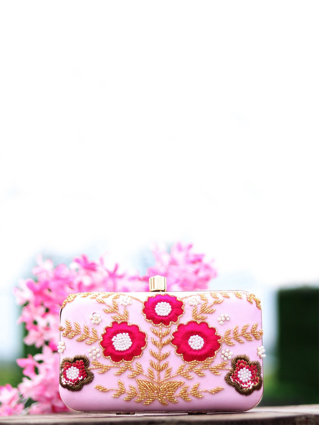 

NR By Nidhi Rathi Pink & Red Floral Embellished Box Clutch