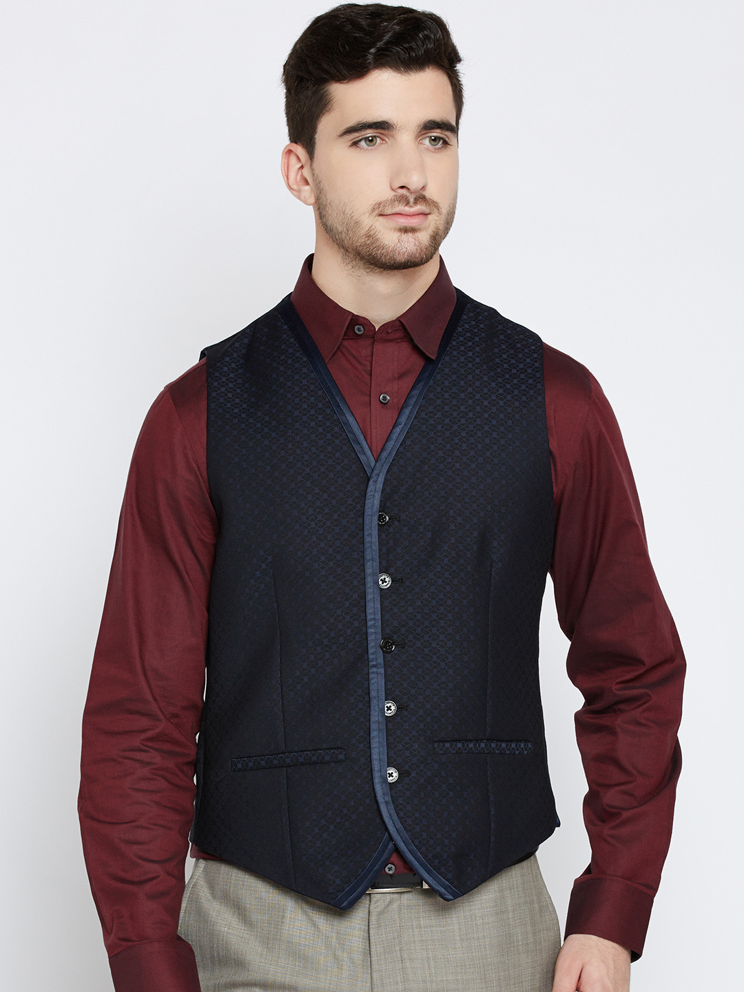 

Blackberrys Navy Patterned Slim Fit Waistcoat, Navy blue