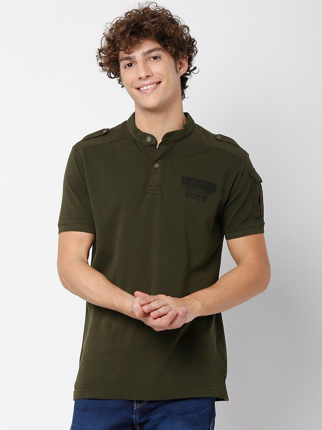 

Mufti Men Olive Green Mandarin Collar Slim Fit T-shirt