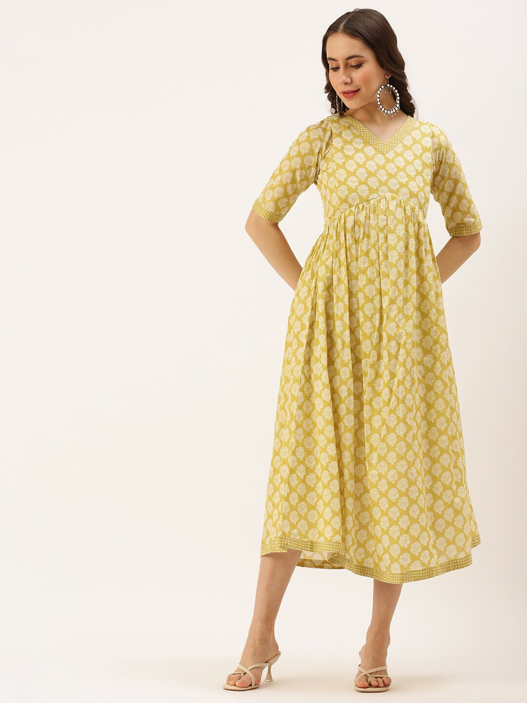 

Putchi Yellow Maternity Ethnic Motifs Pure Cotton Empire Midi Dress