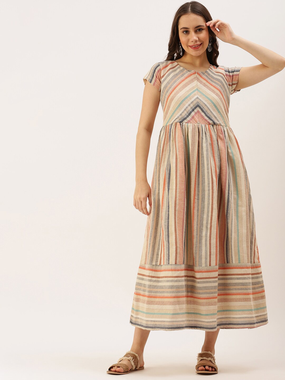 

Putchi Women Beige & Orange Striped Maternity Maxi Dress
