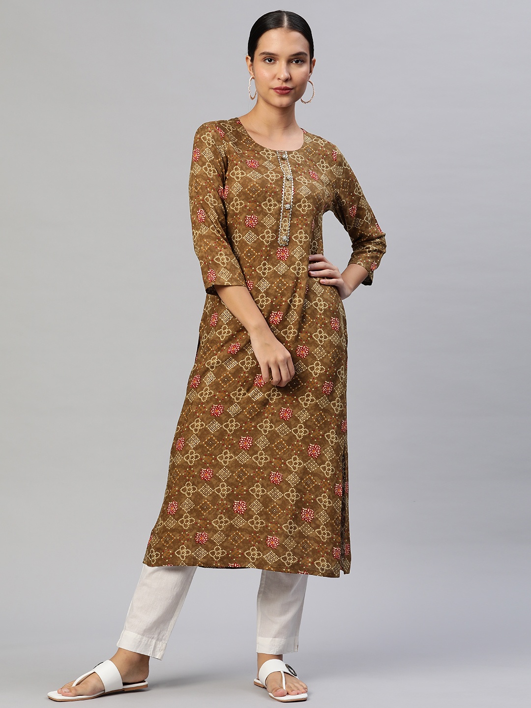 

PIROH Women Brown Ethnic Motifs Printed Straight Kurta