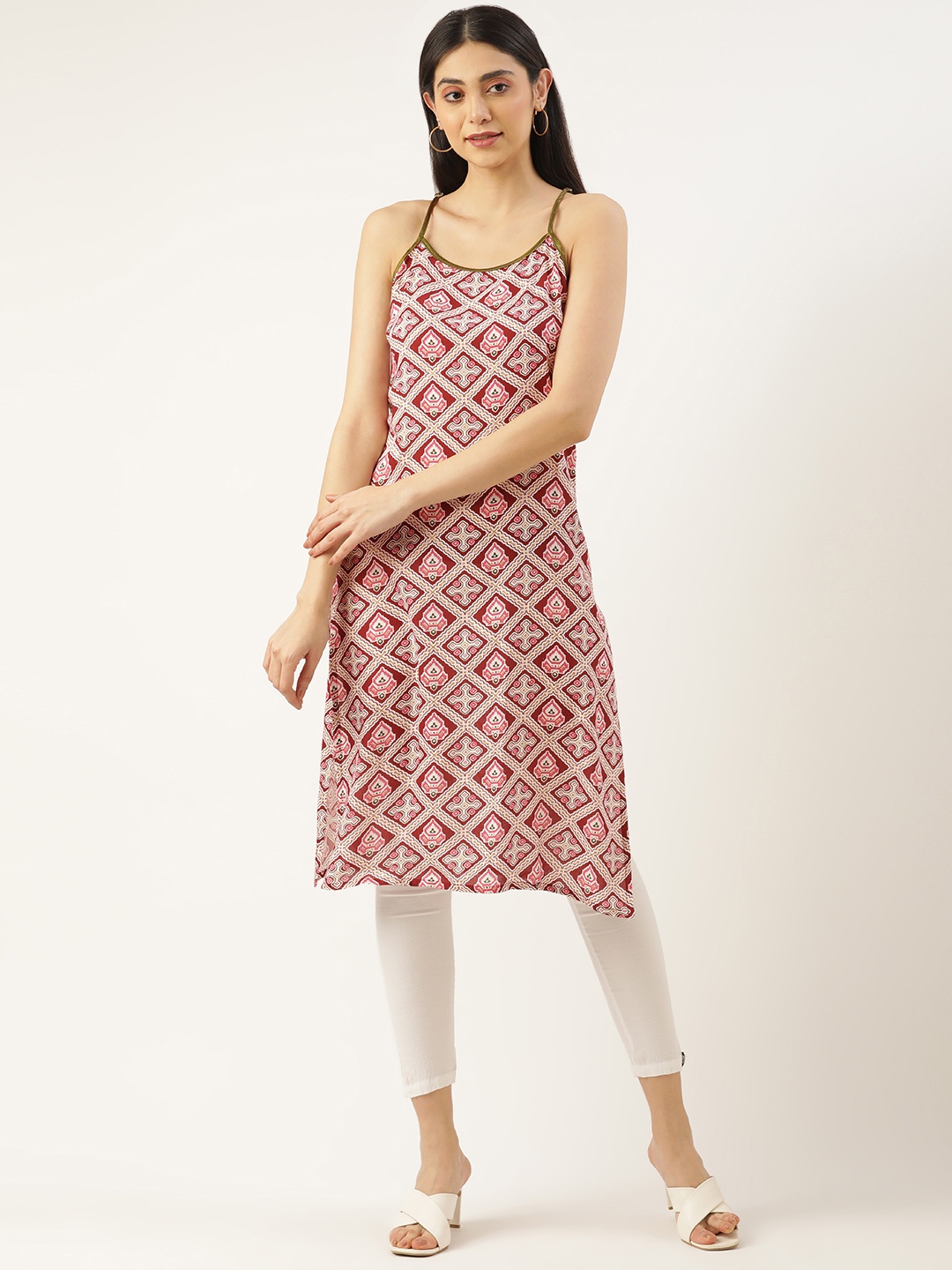 

RACHNA Women Maroon & White Ethnic Motifs Printed Kurta