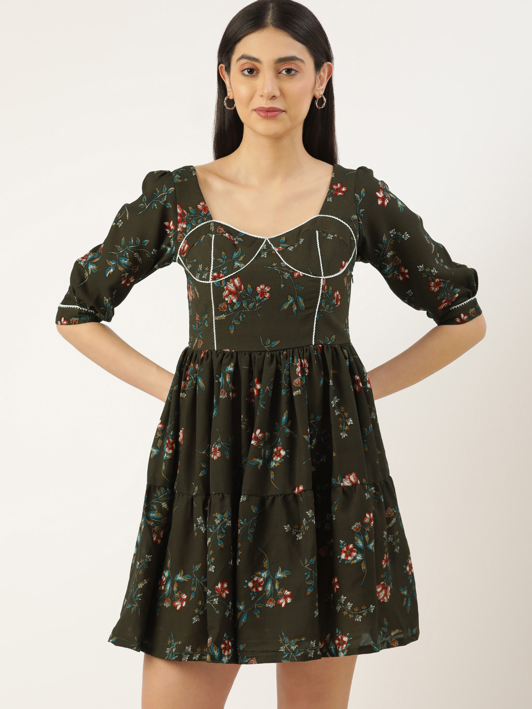 

RACHNA Green Floral Georgette Mini Dress