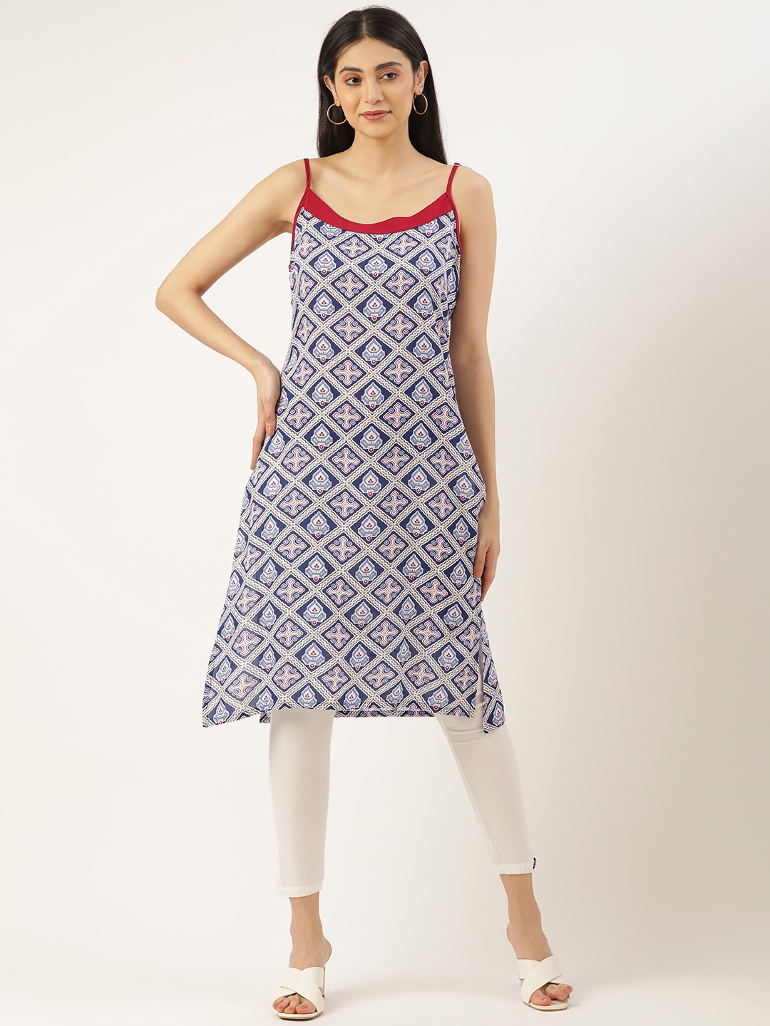 

RACHNA Women Navy Blue & White Ethnic Motifs Printed Cotton Kurta