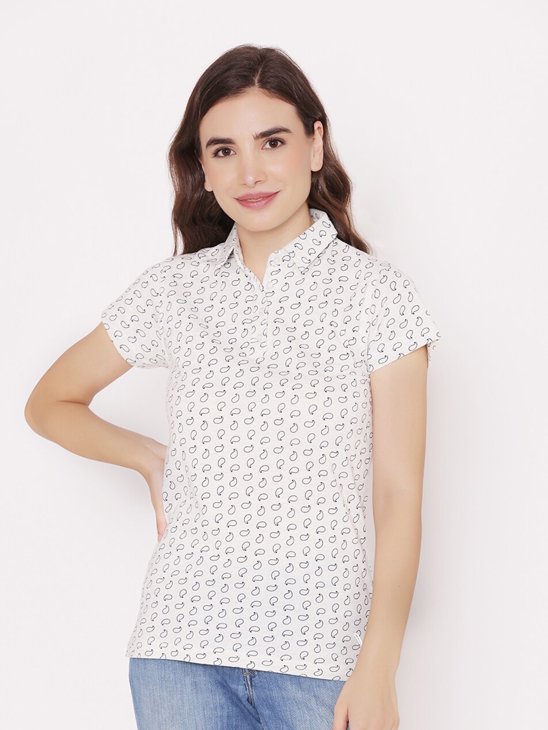 

Vami Women White Printed Polo Collar Cotton T-shirt