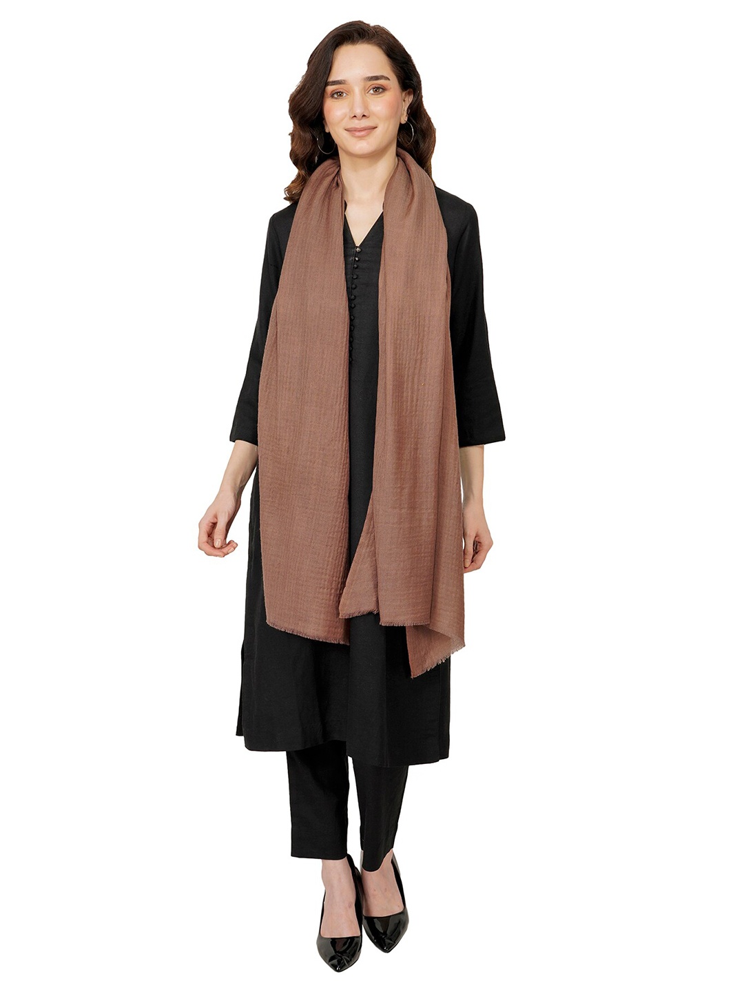 

Rhe-Ana Women Brown Solid Fringed Stole