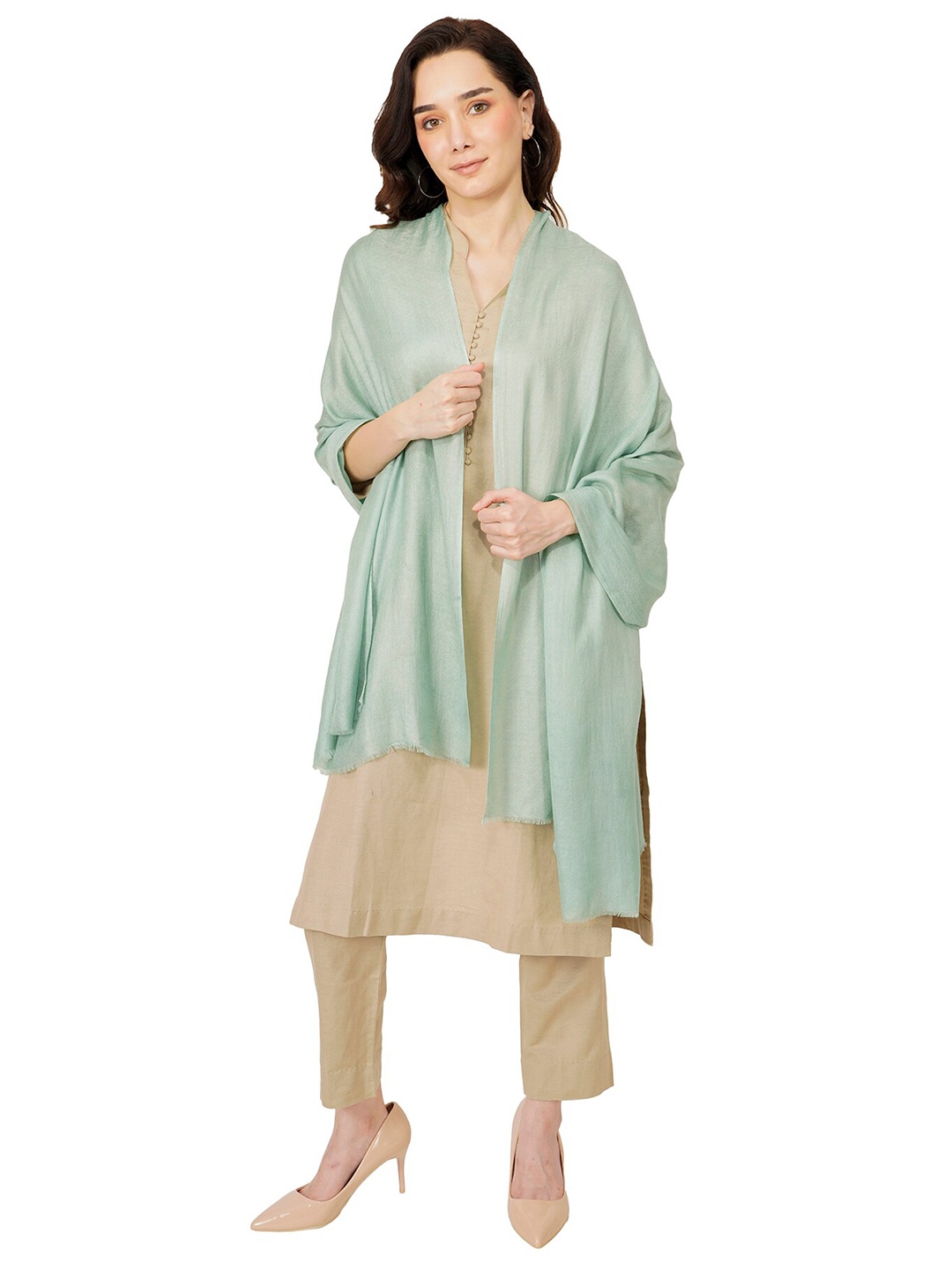 

Rhe-Ana Women Green Solid Stole With Fringed Border