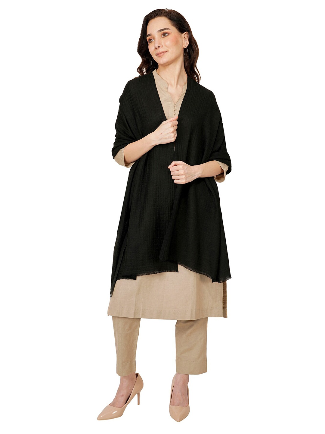 

Rhe-Ana Women Black Solid Stole With Fringed Border