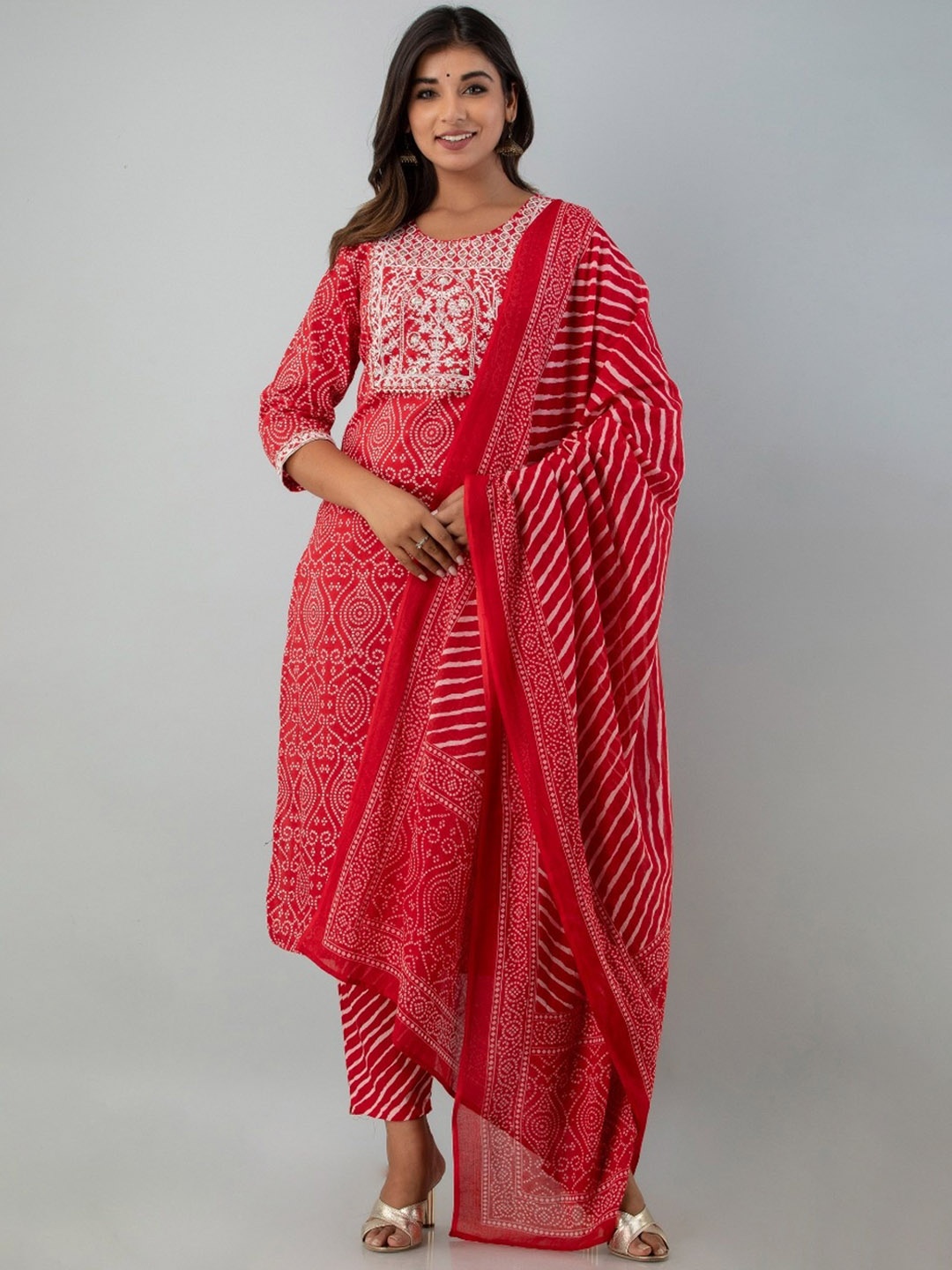 

SP DESIGNS Women Red Bandhani Embroidered Kurta with Trousers & Dupatta