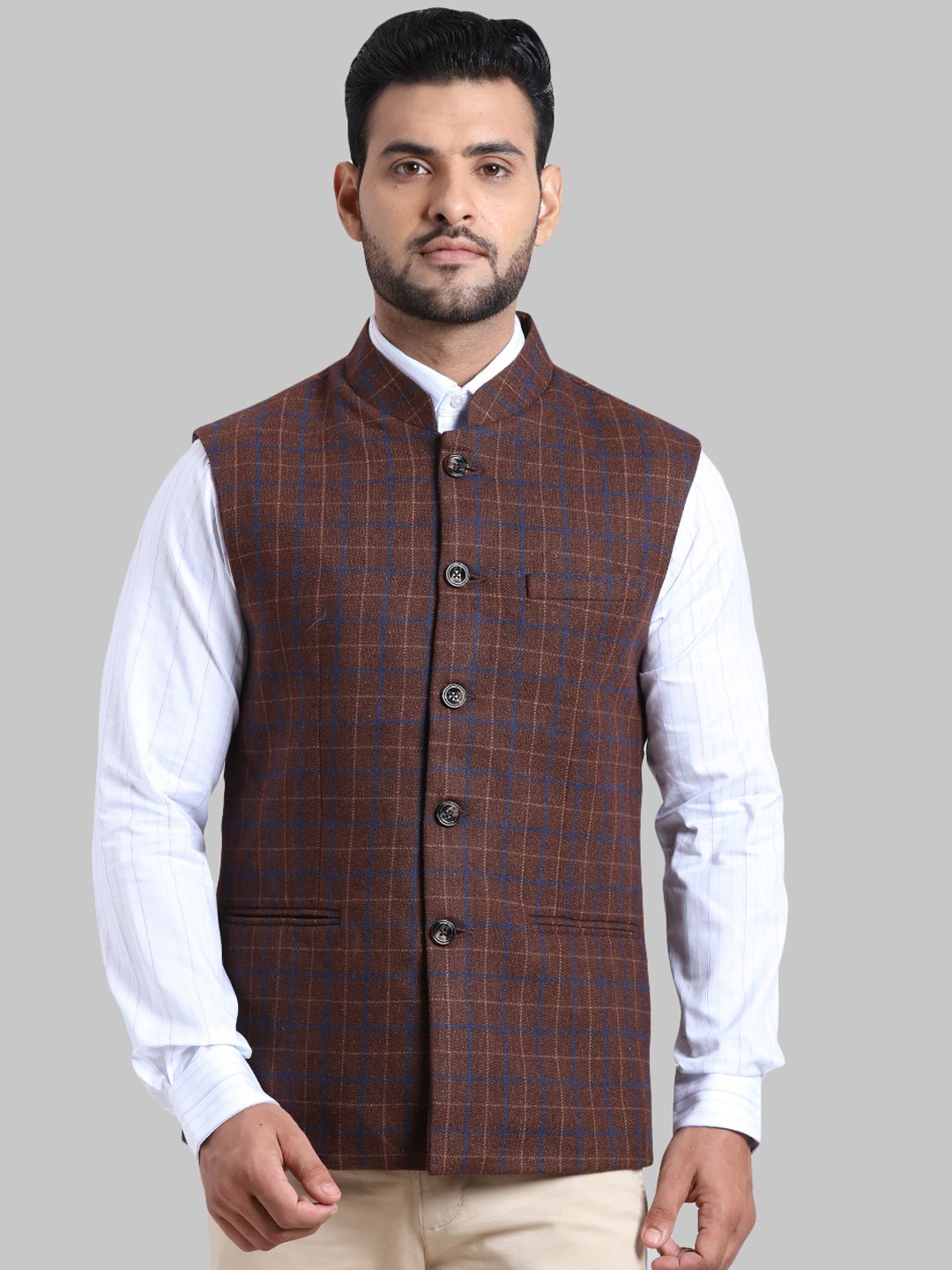 ColorPlus Men Brown Checked Nehru Jacket