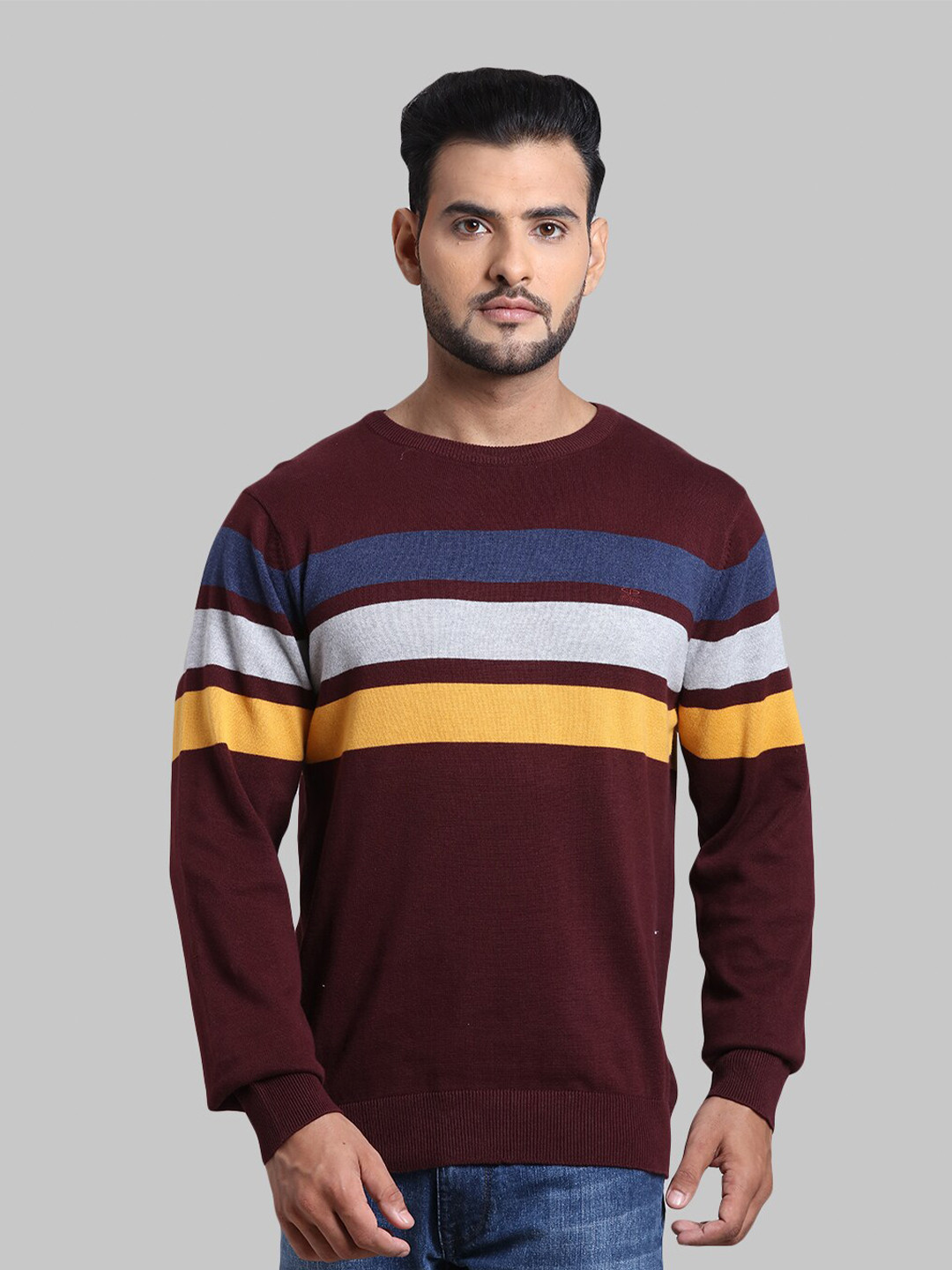 

ColorPlus Men Maroon & Yellow Striped Long Sleeves Cotton Pullover Sweater