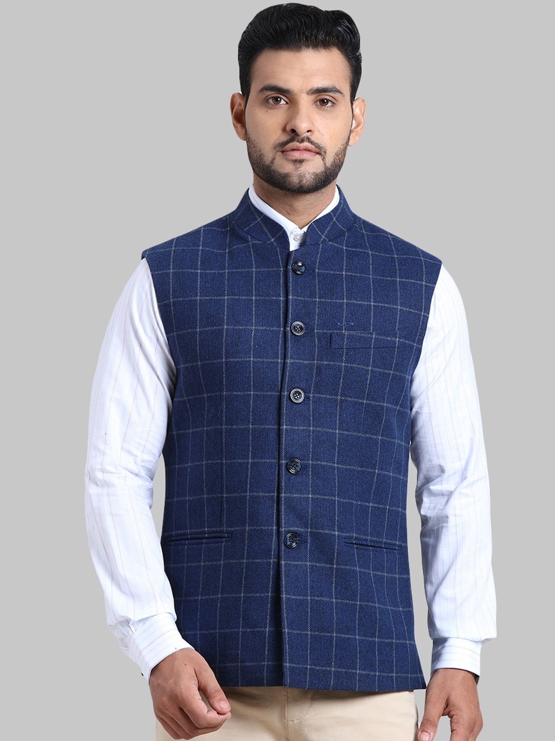 

ColorPlus Men Blue Checked Nehru Jacket