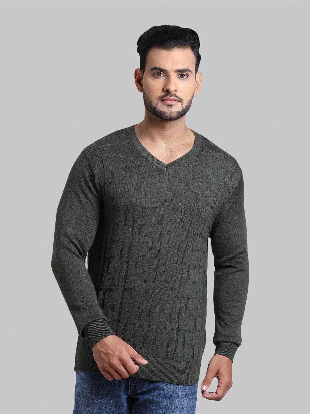 

ColorPlus Men Olive Green Self Design V-Neck Acrylic Pullover