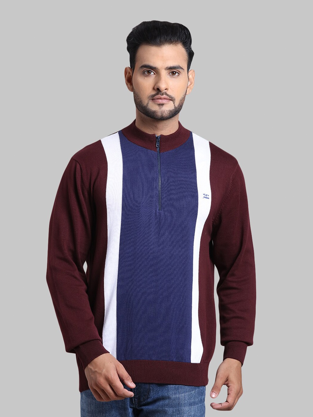 

ColorPlus Men Maroon & Navy Blue Colourblocked Pullover with Zip Detail