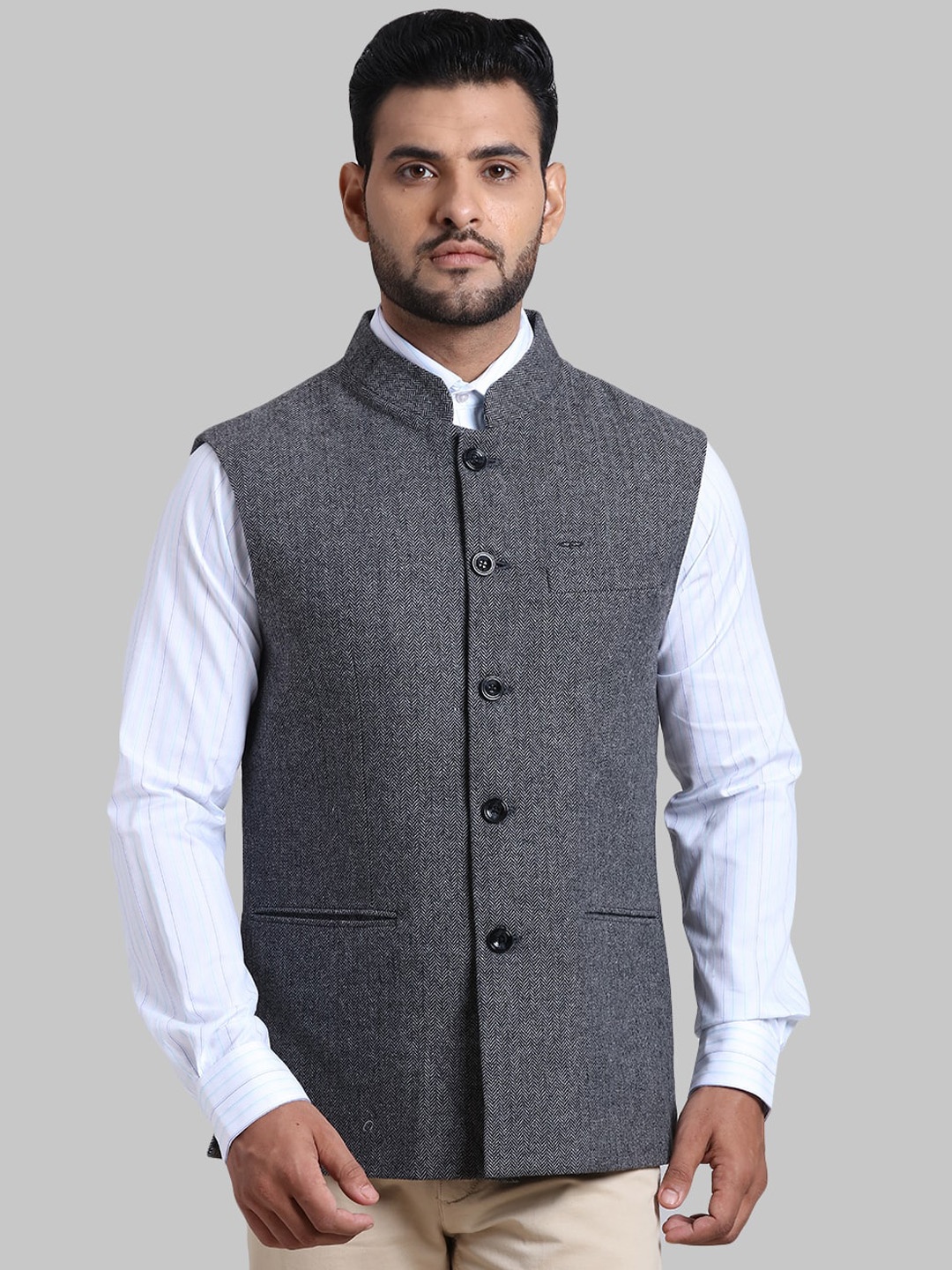 ColorPlus Men Grey Solid Wool Nehru Jacket