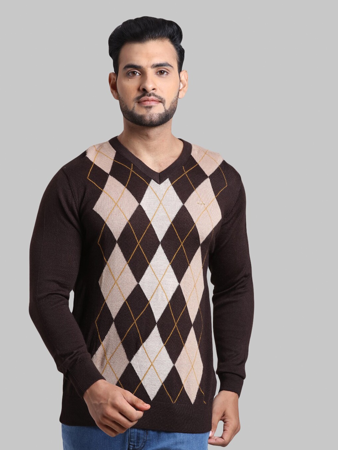 

ColorPlus Men Brown & Peach-Coloured Checked Pullover