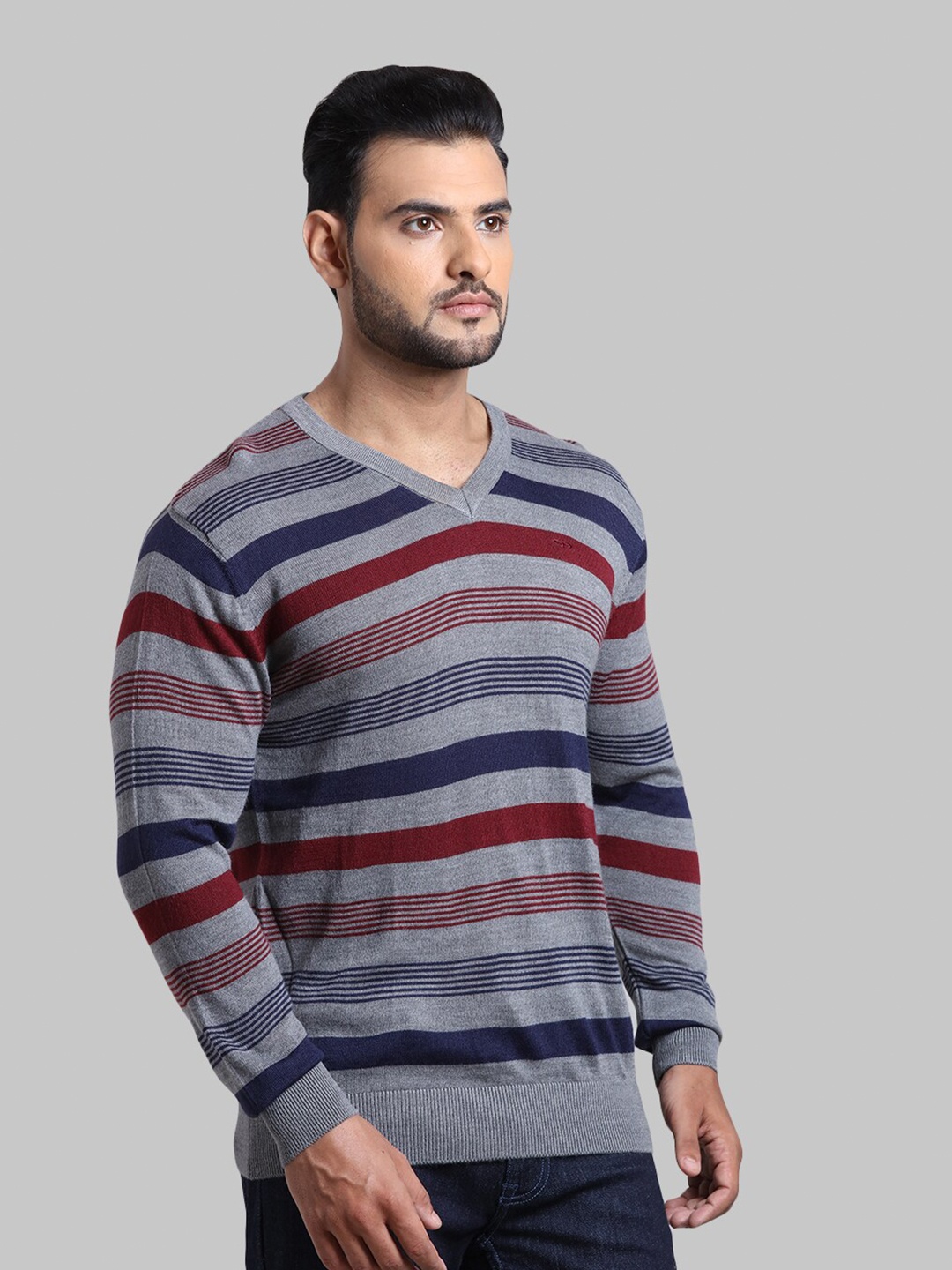 

ColorPlus Men Grey & Maroon Striped Pullover