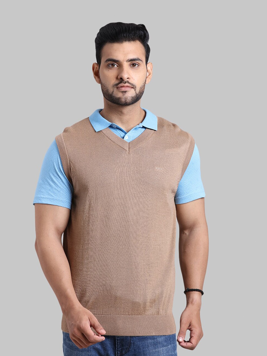 

ColorPlus Men Beige Solid V-Neck Wool Sweater Vest