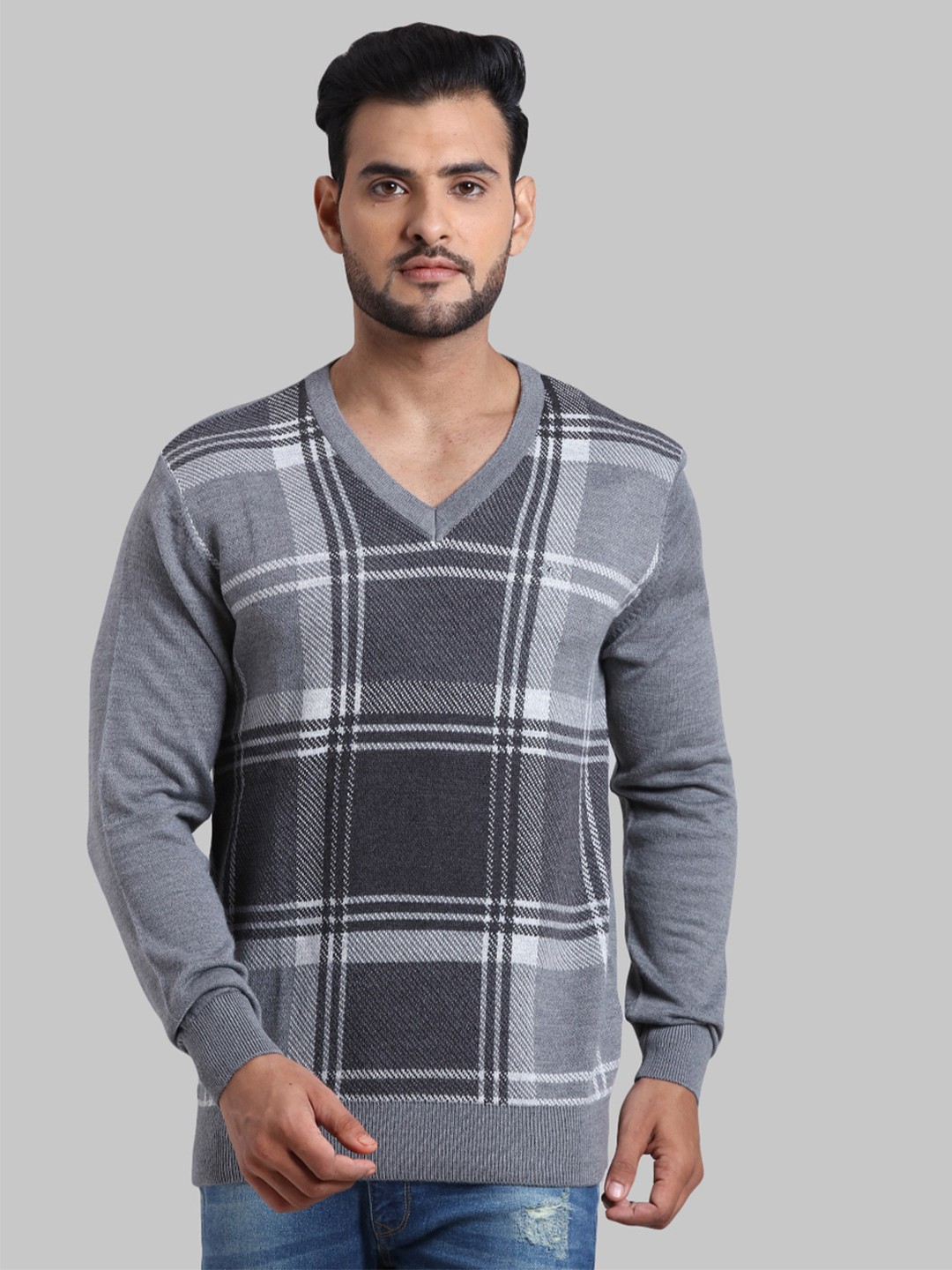 

ColorPlus Men Grey & Black Checked Pullover