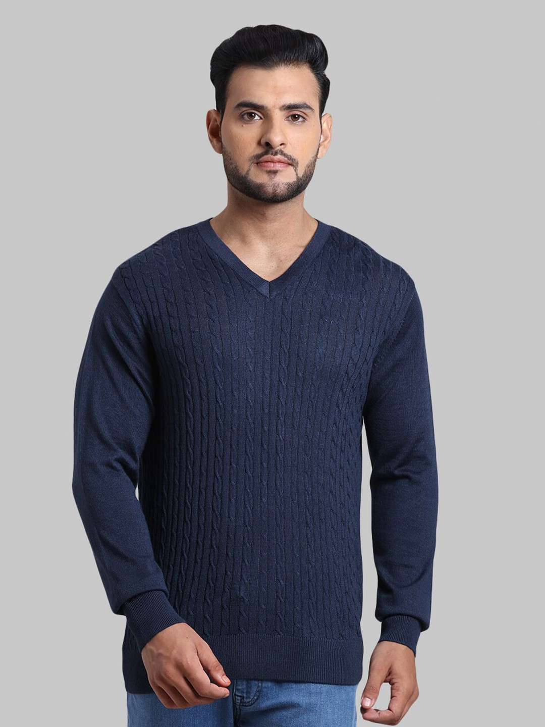 

ColorPlus Men Blue V-Neck Acrylic Cable Knit Pullover