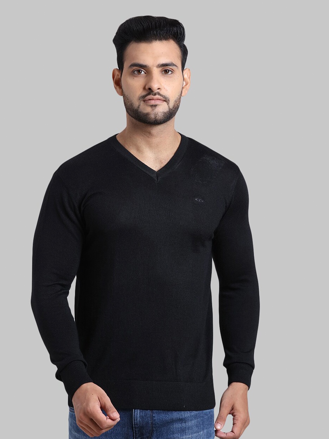 

ColorPlus Men Black Solid V-Neck Wool Pullover