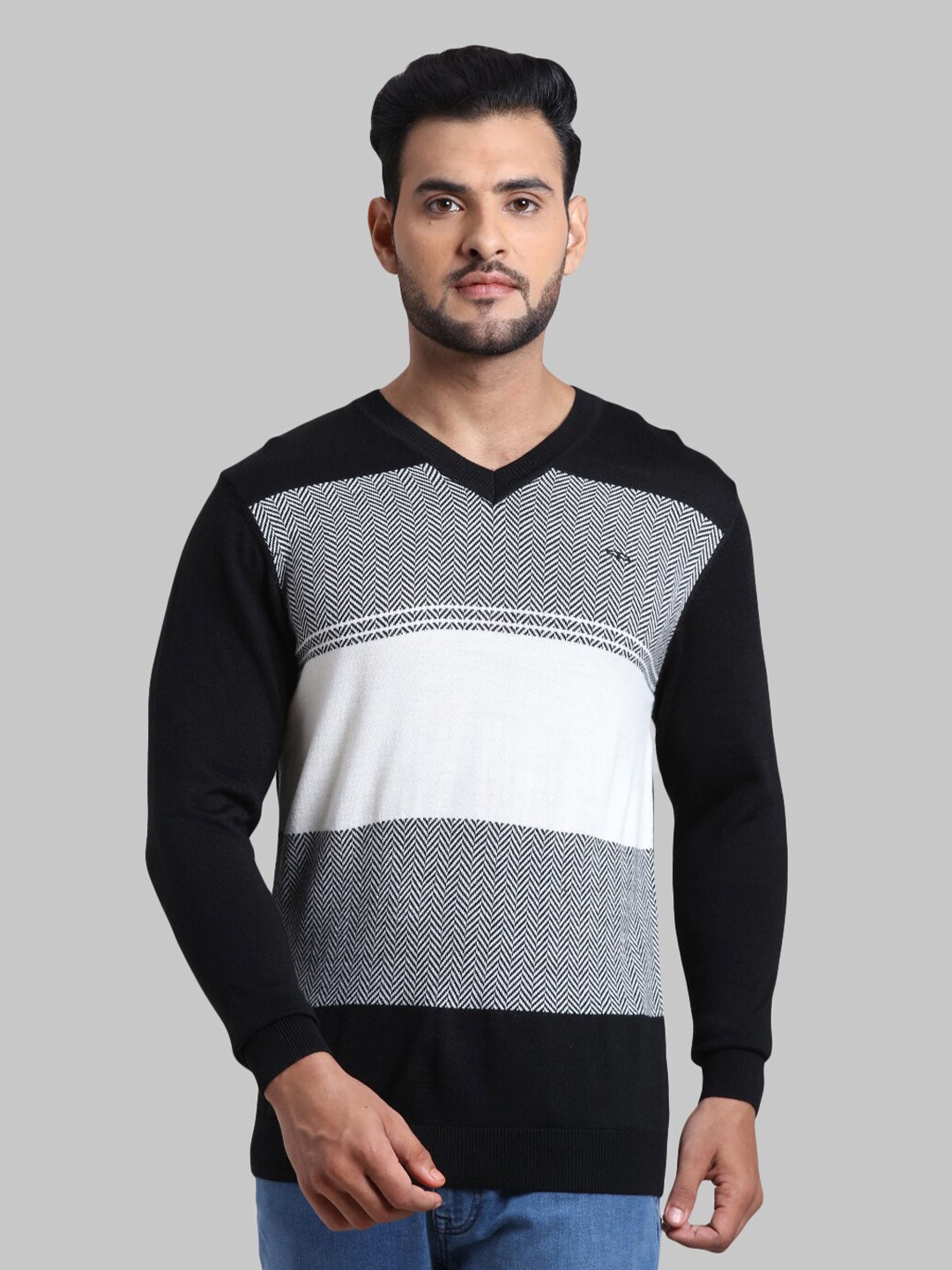 

ColorPlus Men Black & White Colourblocked Acrylic Pullover