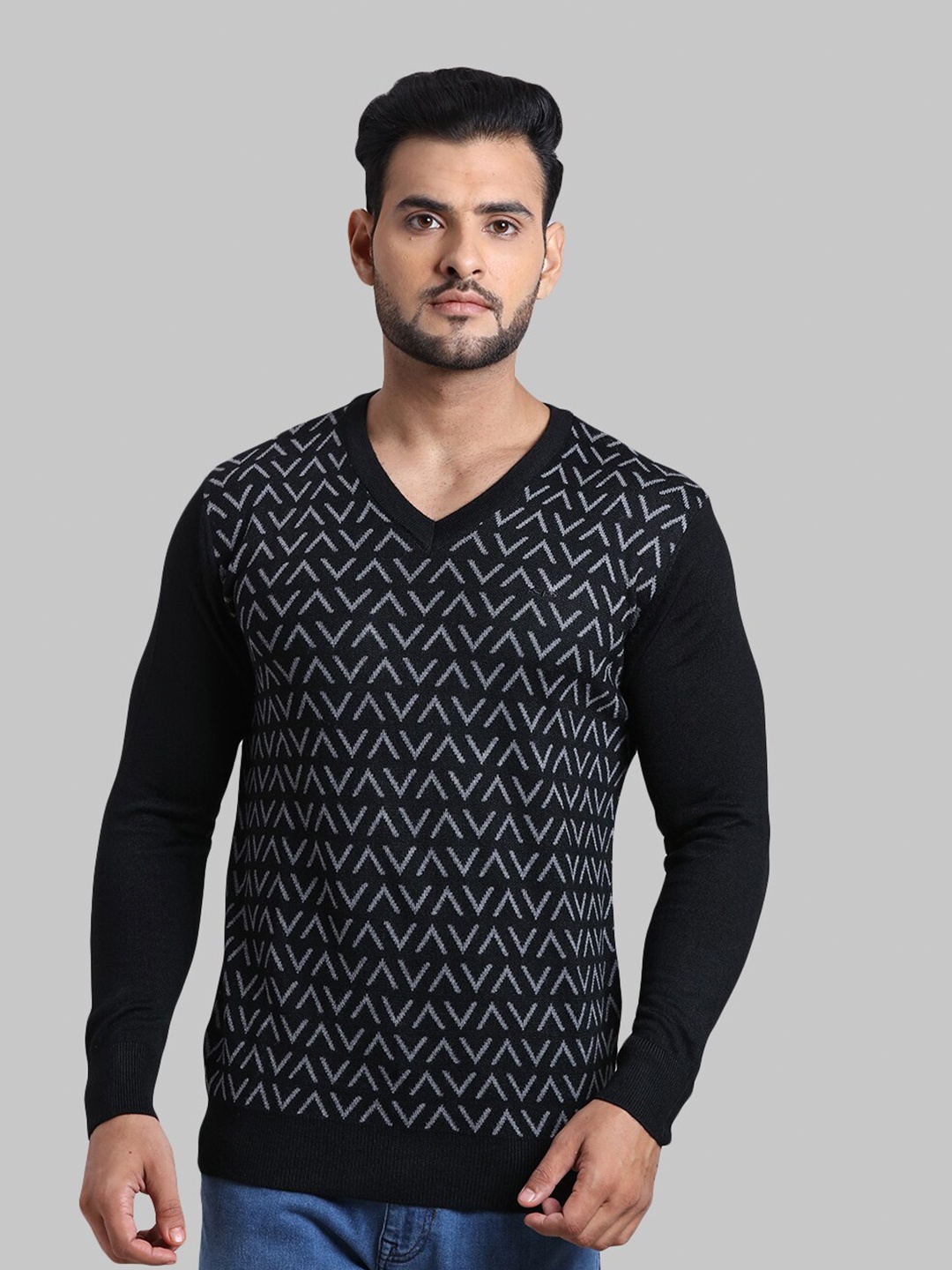 

ColorPlus Men Black & White Acrylic V-neck Printed Pullover Sweater