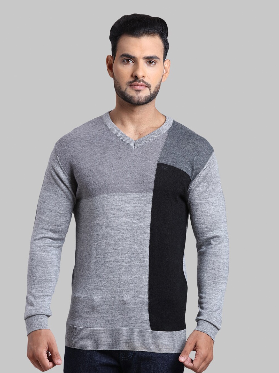 

ColorPlus Men Grey & Black Colourblocked Pullover Sweater