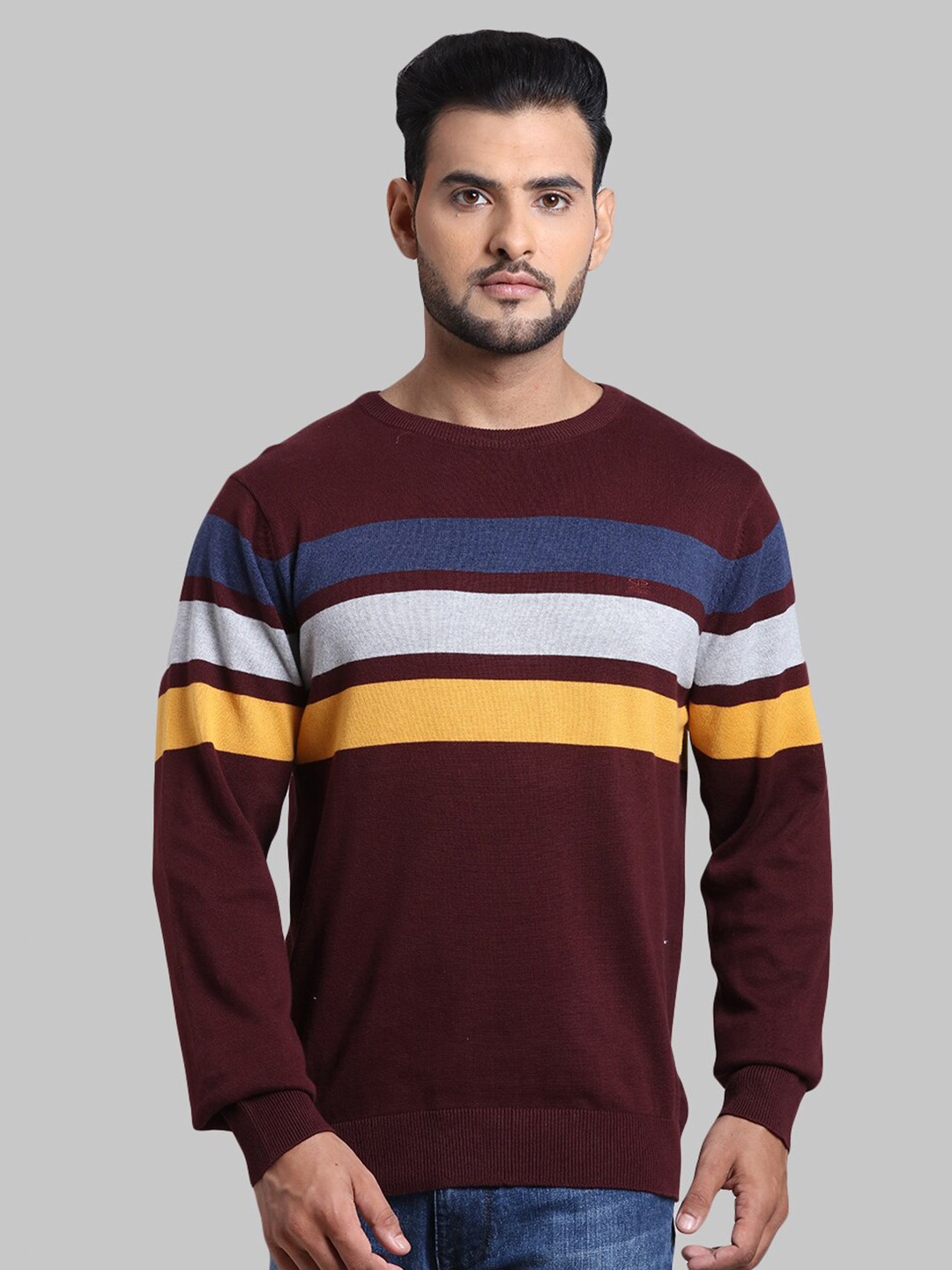 

ColorPlus Men Maroon & White Cotton Colourblocked Pullover